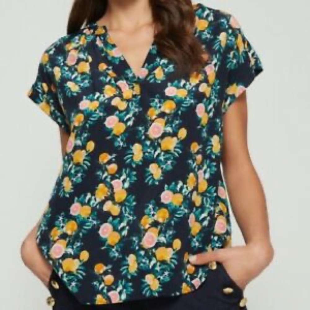 Navy Blue 100% Silk Citrus Print Blouse